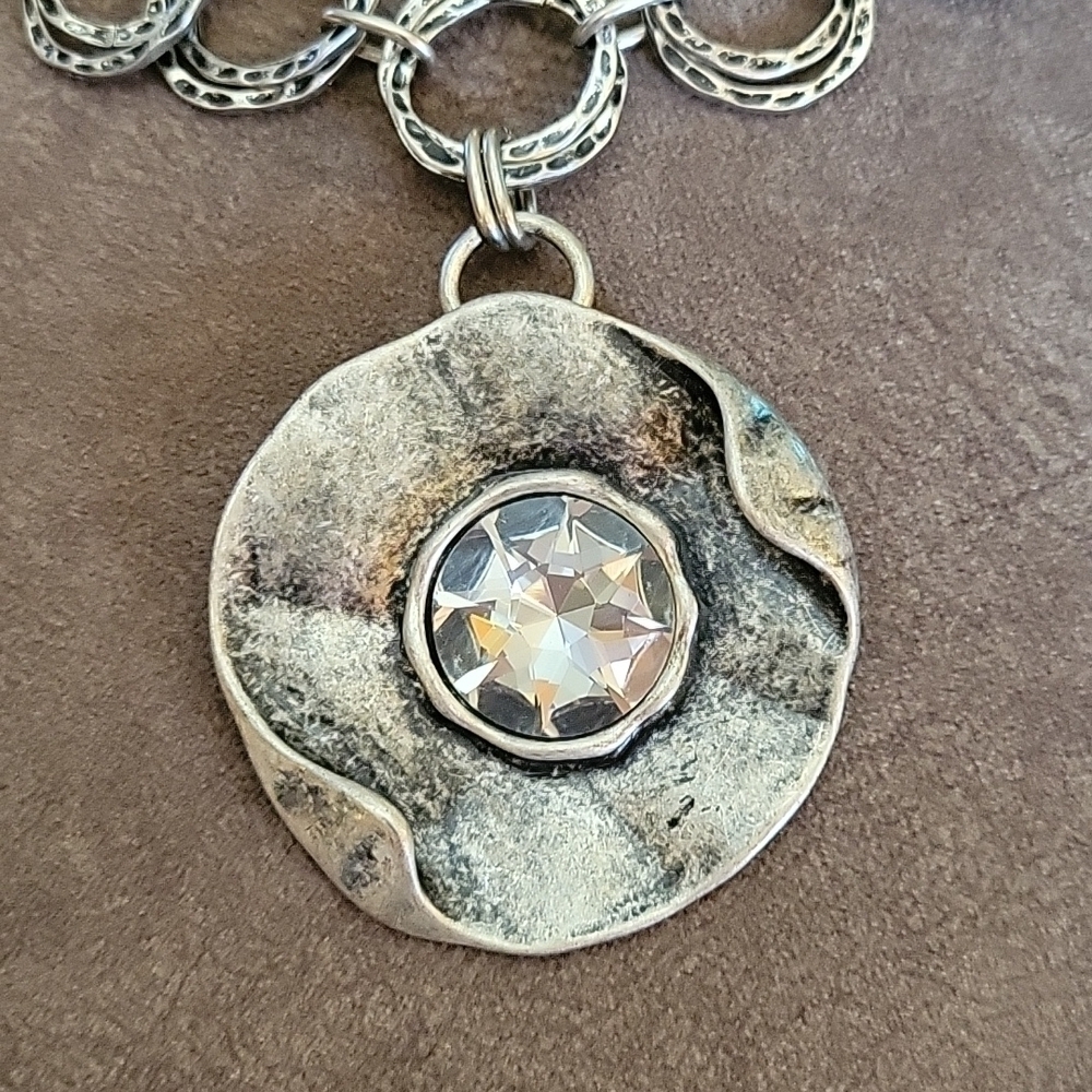 Vtg VCLM Industrial Metal Rhinestone Circle Pendant Festival Chain Necklace - Picture 3 of 7